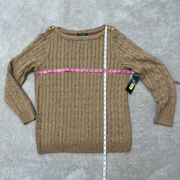 NWT Lauren Ralph Lauren Gold Metallic Cable Knit Sweater Holiday Gold Buttons 1X - Picture 11 of 11